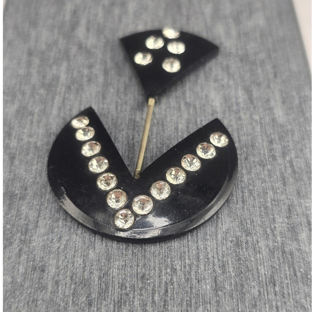Vintage Estate Jabot Pin Black Geometric Rhinestone Art Deco